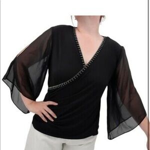 Women’s plus 2X carmen V neck wrap top black rhinestone , butterfly sleeves